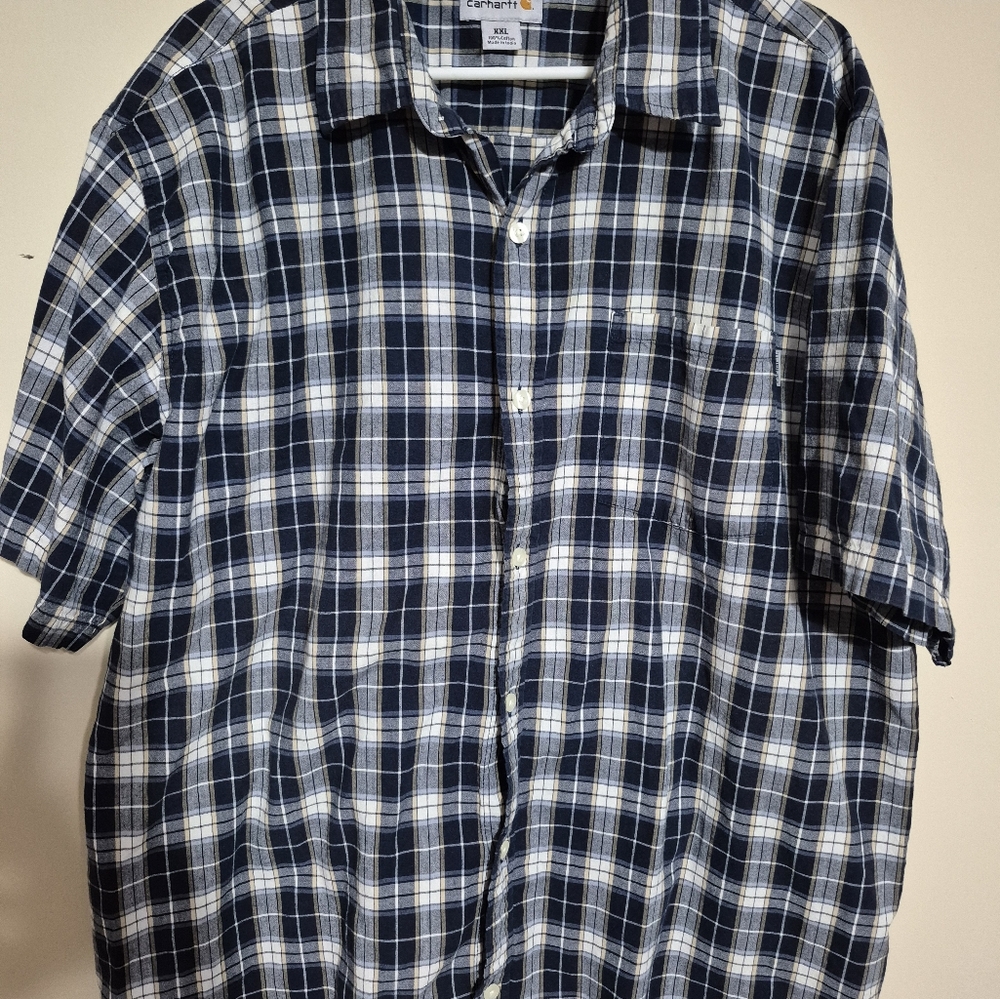 Carhartt Mens Regular Fit Plaid Button-Up Shirt Short Sleeve Size XXL. Blue Tan